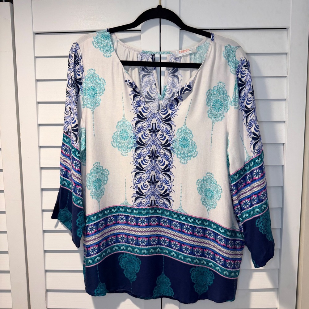 Renee C Boho Tunic Top Womens‎ L Blue Teal Paisley V Neck 3/4 Sleeve Made USA